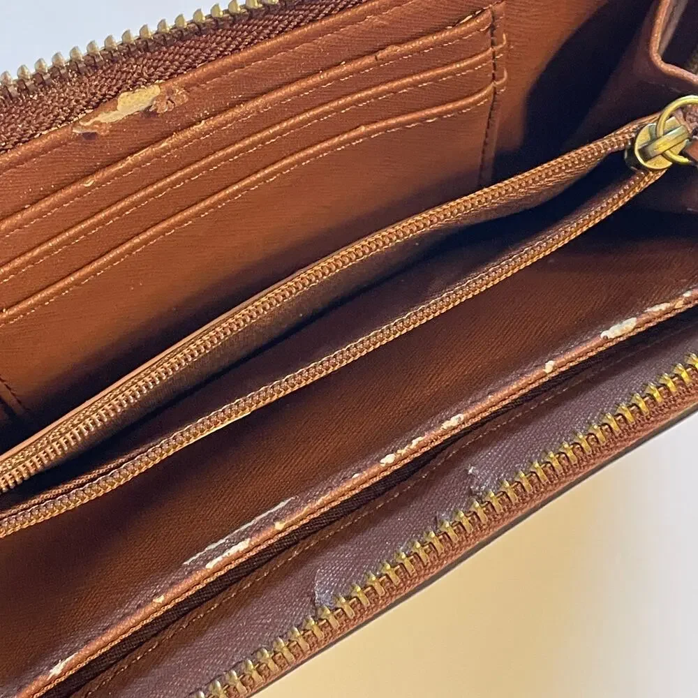 Fossil Leather Zip Around Wallet Womens Brown Card Holder Purse